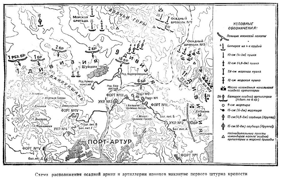 Оборона Порт-Артура. Русско-японская война 1904–1905 s12Semaraspolozhenijaosadnojjarmiiiartilleriijaponcevnakanunepervogoshturmakrepostistr.135.jpg